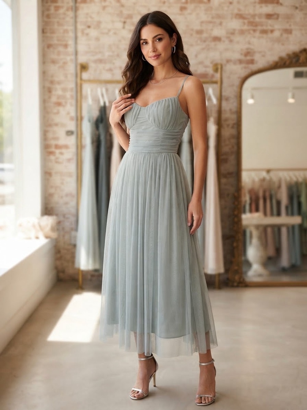 Little Mistress Sage Green Tulle Midi Dress